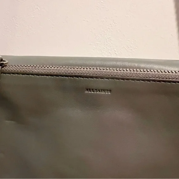 AllSaints Grey Leather Wallet on Chain Crossbody Bag Studded Minimal - Picture 5 of 6